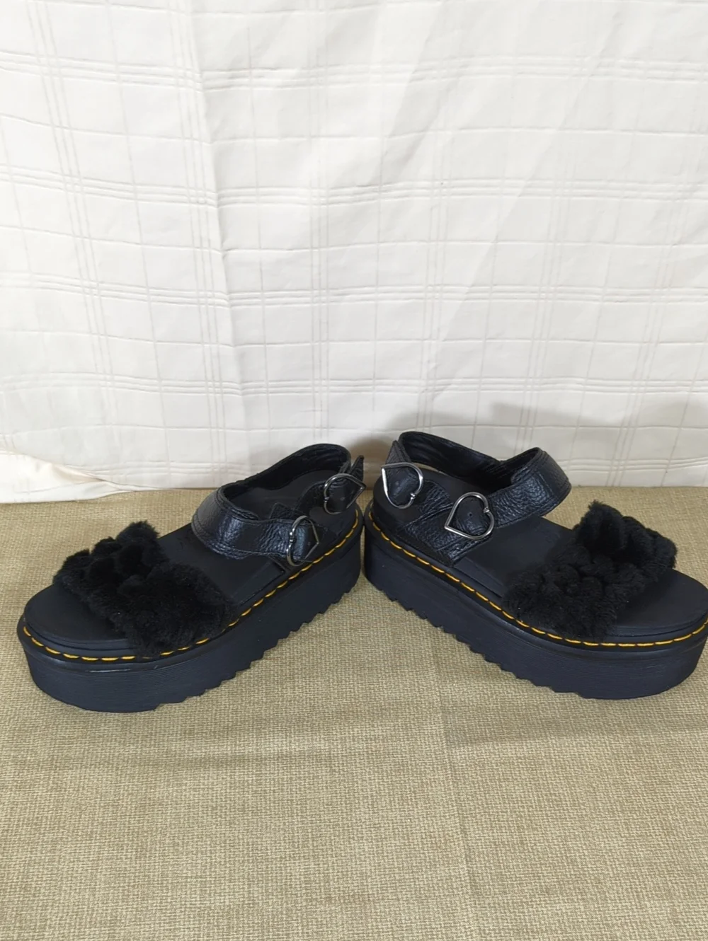 Dr. Martens Voss Quad Black Fluffy Chunky Platform Sandals Silvertone Hardware